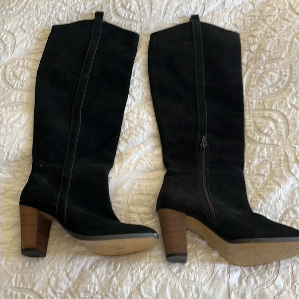 Black Suede Knee-High Boots with Wooden Heel
